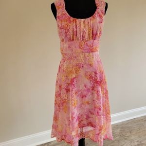 Dressbarn Fit & Flare Sleeveless Dress Pink Orange Tropical Print